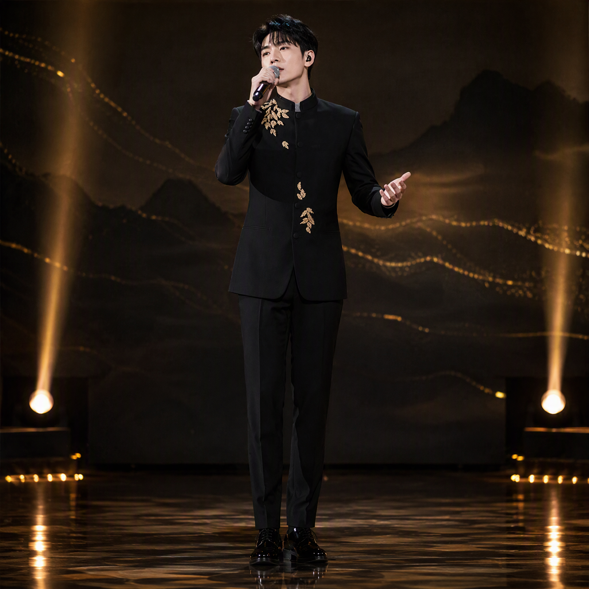 Black Mandarin Collar Suit Jacket with Intricate Gold Sequin Leaf Appliques