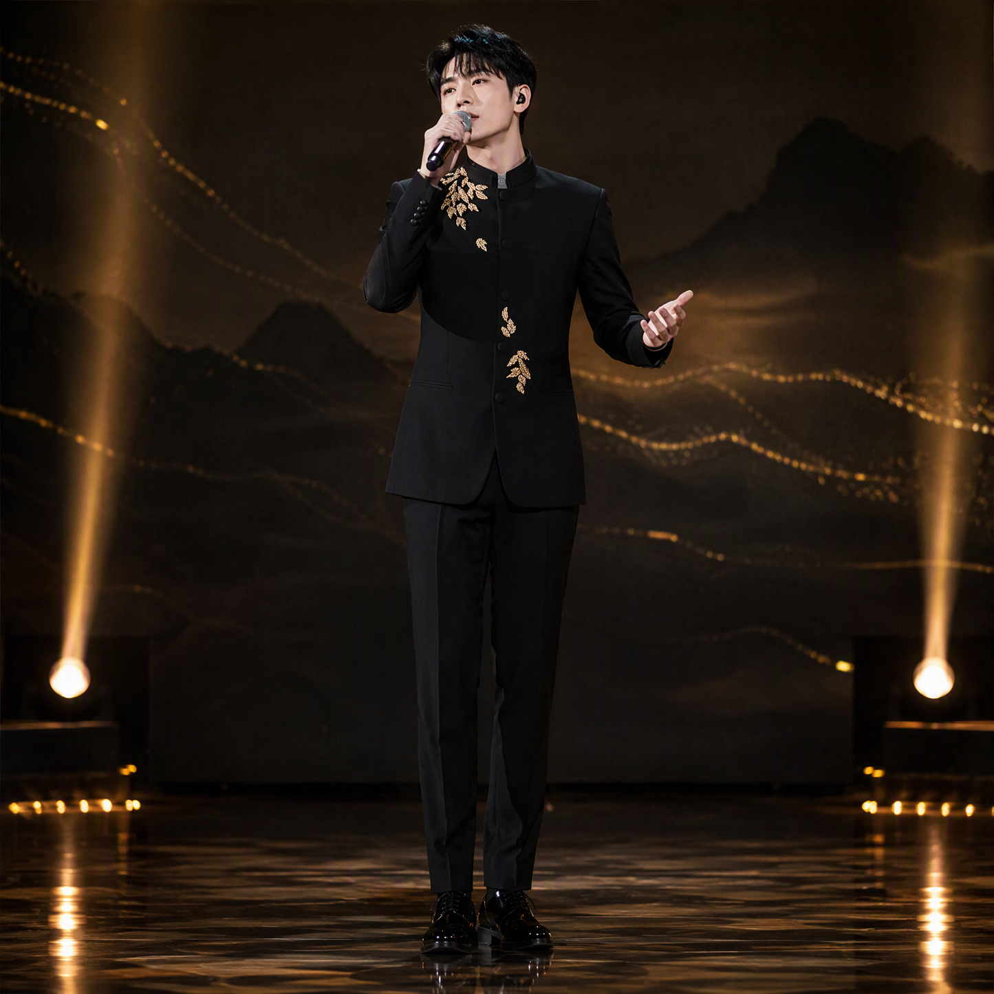 Black Mandarin Collar Suit Jacket with Intricate Gold Sequin Leaf Appliques