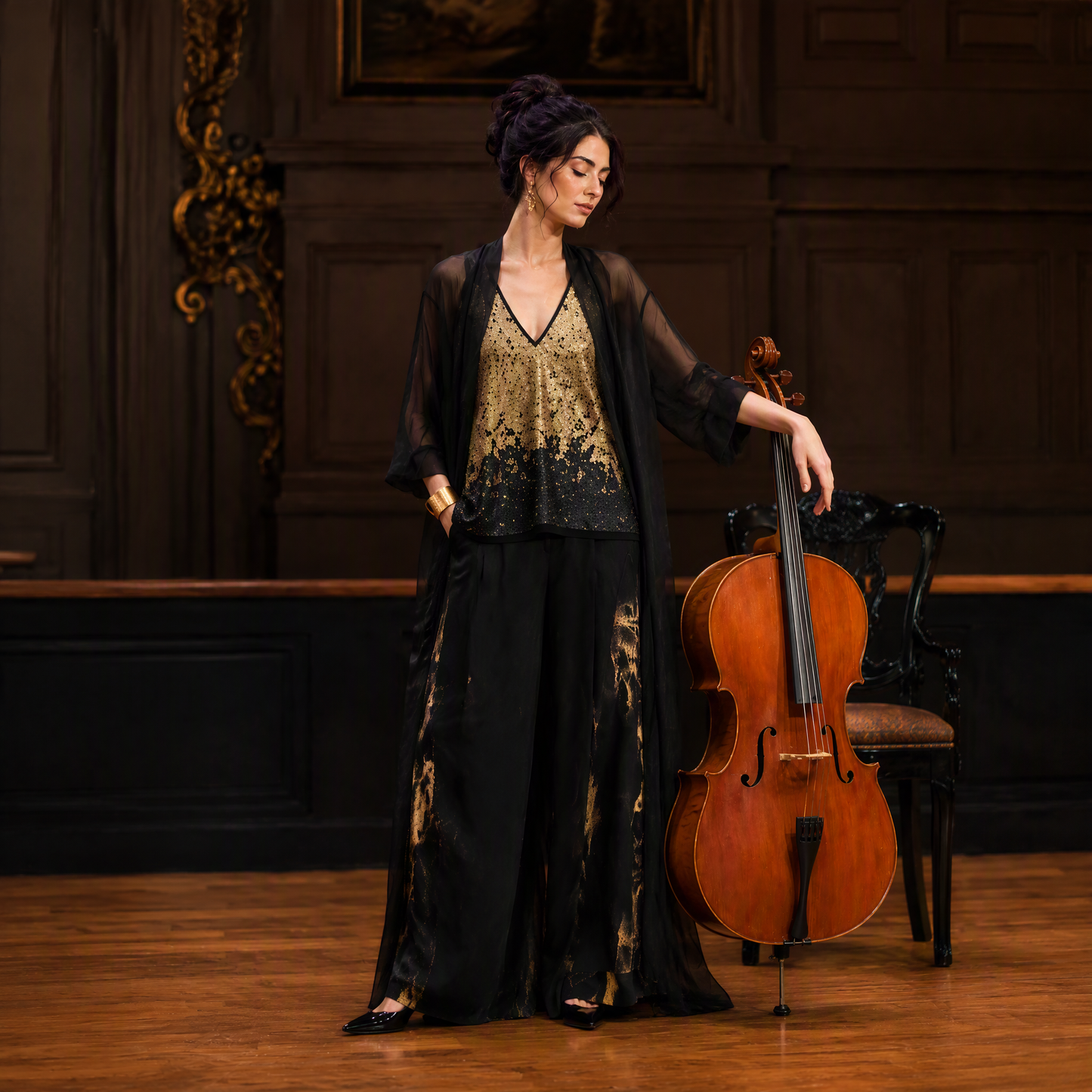 Ink-Wash Print Wide-Leg Performance Pants with Flowing Overlay
