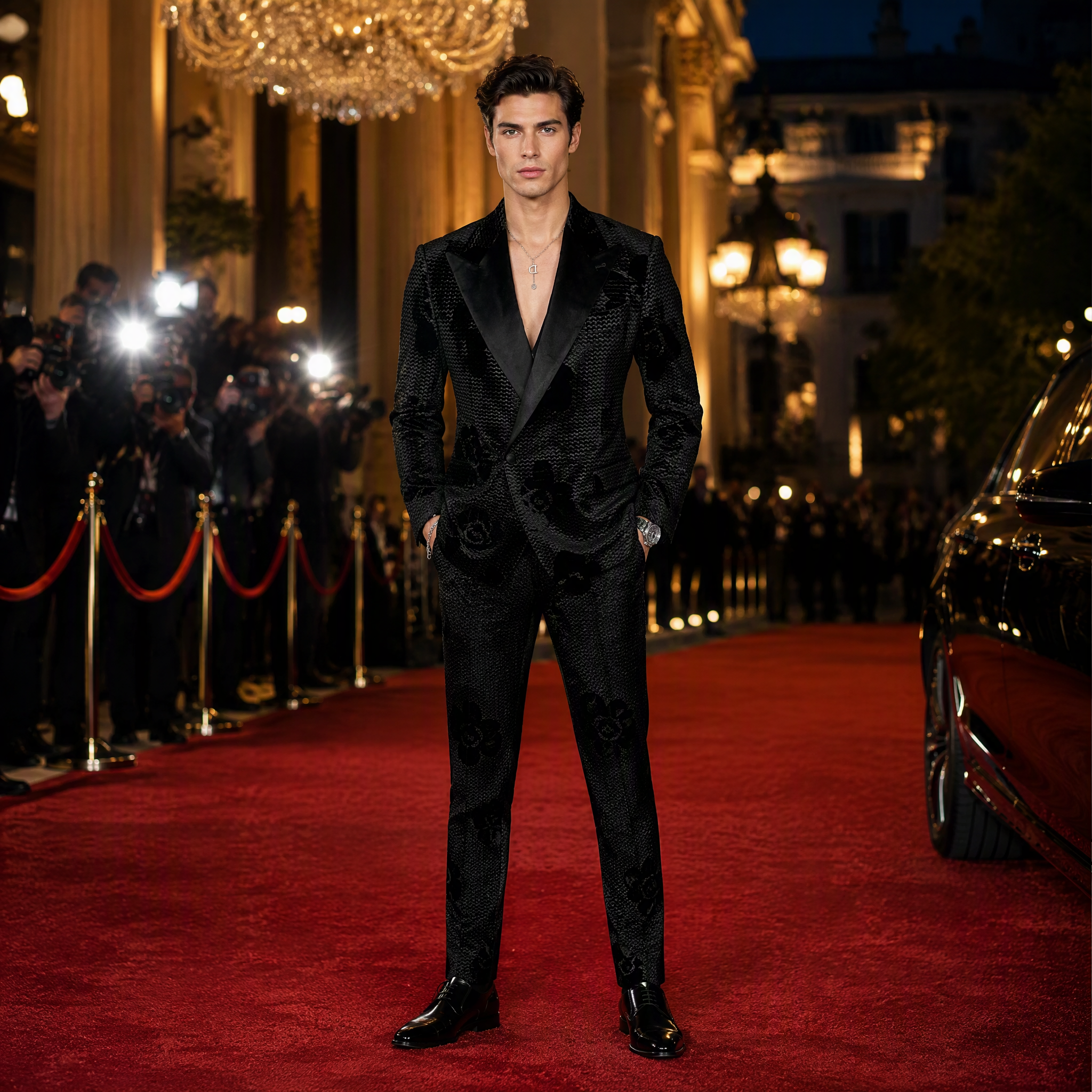 Avant-Garde Black Floral Jacquard Tuxedo Blazer with Satin Peak Lapel