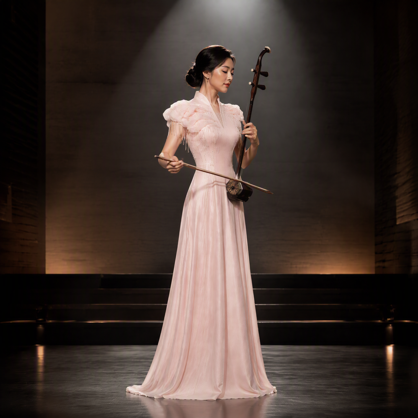Elegant Vintage Pink V-Neck Satin Beaded Long Stagewear