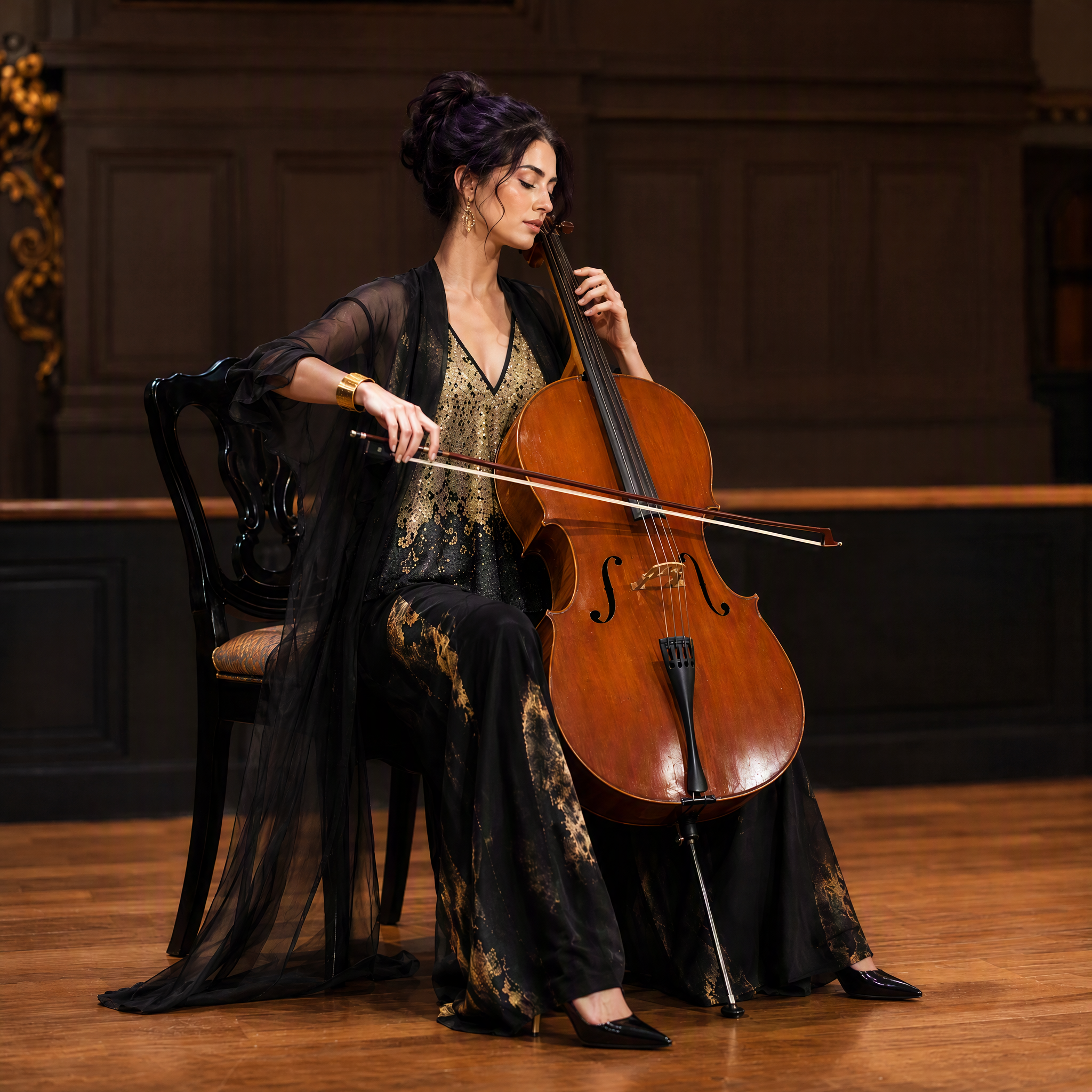 Ink-Wash Print Wide-Leg Performance Pants with Flowing Overlay