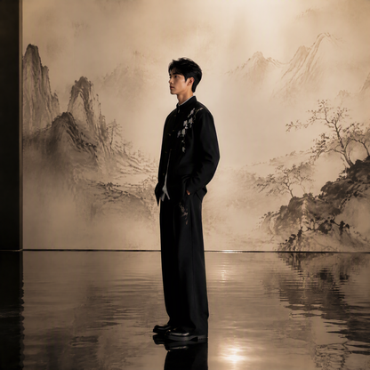 Minimalist Black Mandarin Collar Jacket with Elegant White Tree Peony/Magnolia Embroidery