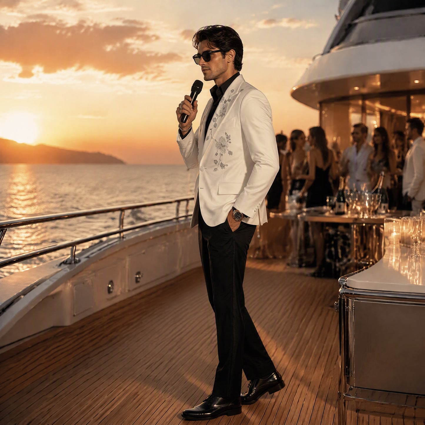 White Peak Lapel Tuxedo Blazer with Intricate Crystal and Silver Beadwork