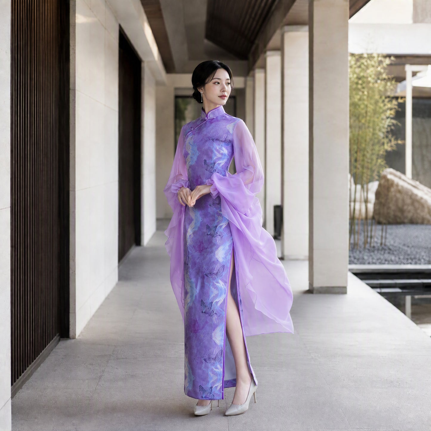 Enchanting Violet Butterfly Print Cheongsam with Flowing Chiffon Sleeves