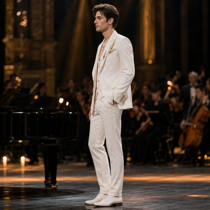 Ethereal White Suit with Gold Bead and Feather Embroidery
