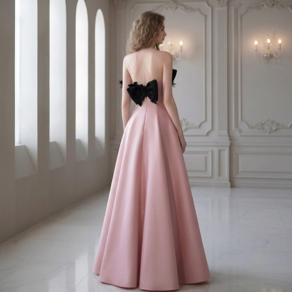 Premium Satin Strapless Prom dress with black bows