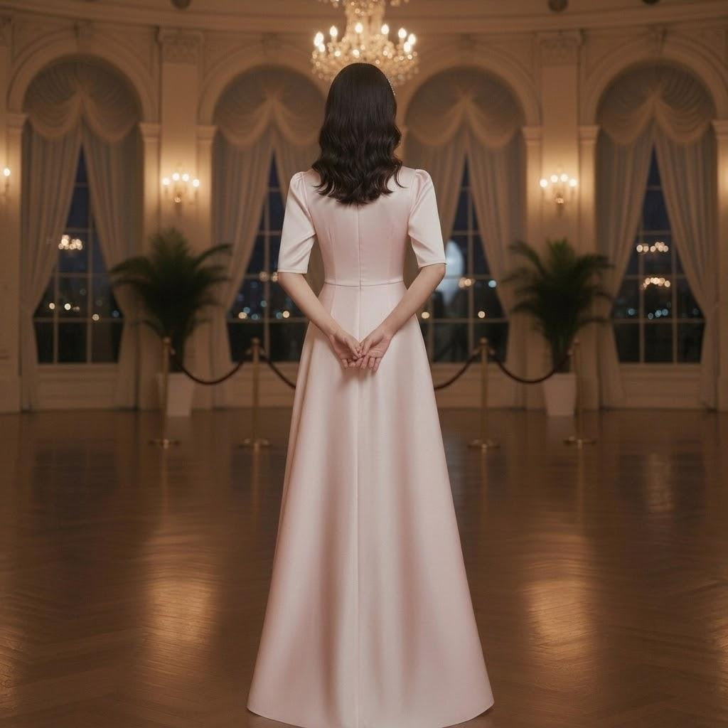 Lace Applique Mandarin Collar Pink Stage Gown