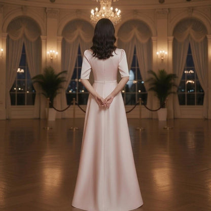 Lace Applique Mandarin Collar Pink Stage Gown