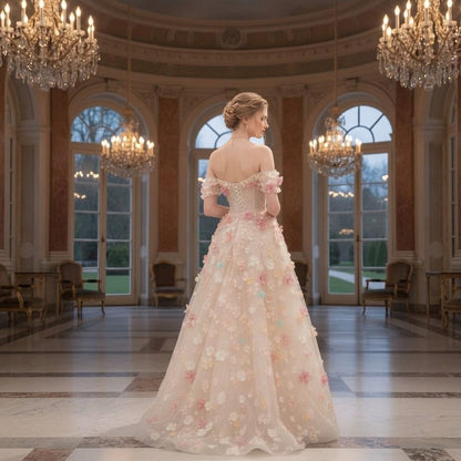 Featured 3D Floral Applique Off-Shoulder Gown