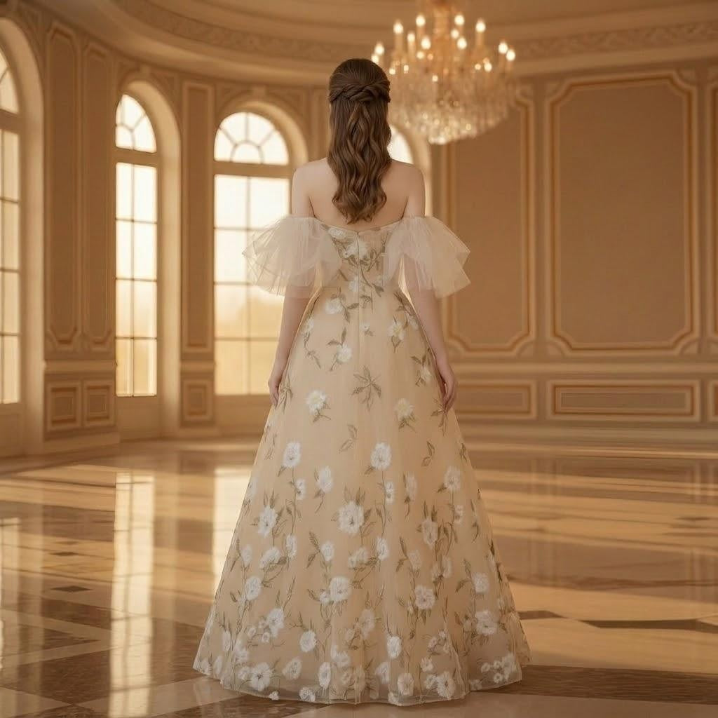 Sheer Sleeve Floral Applique Yellow Ball Gown