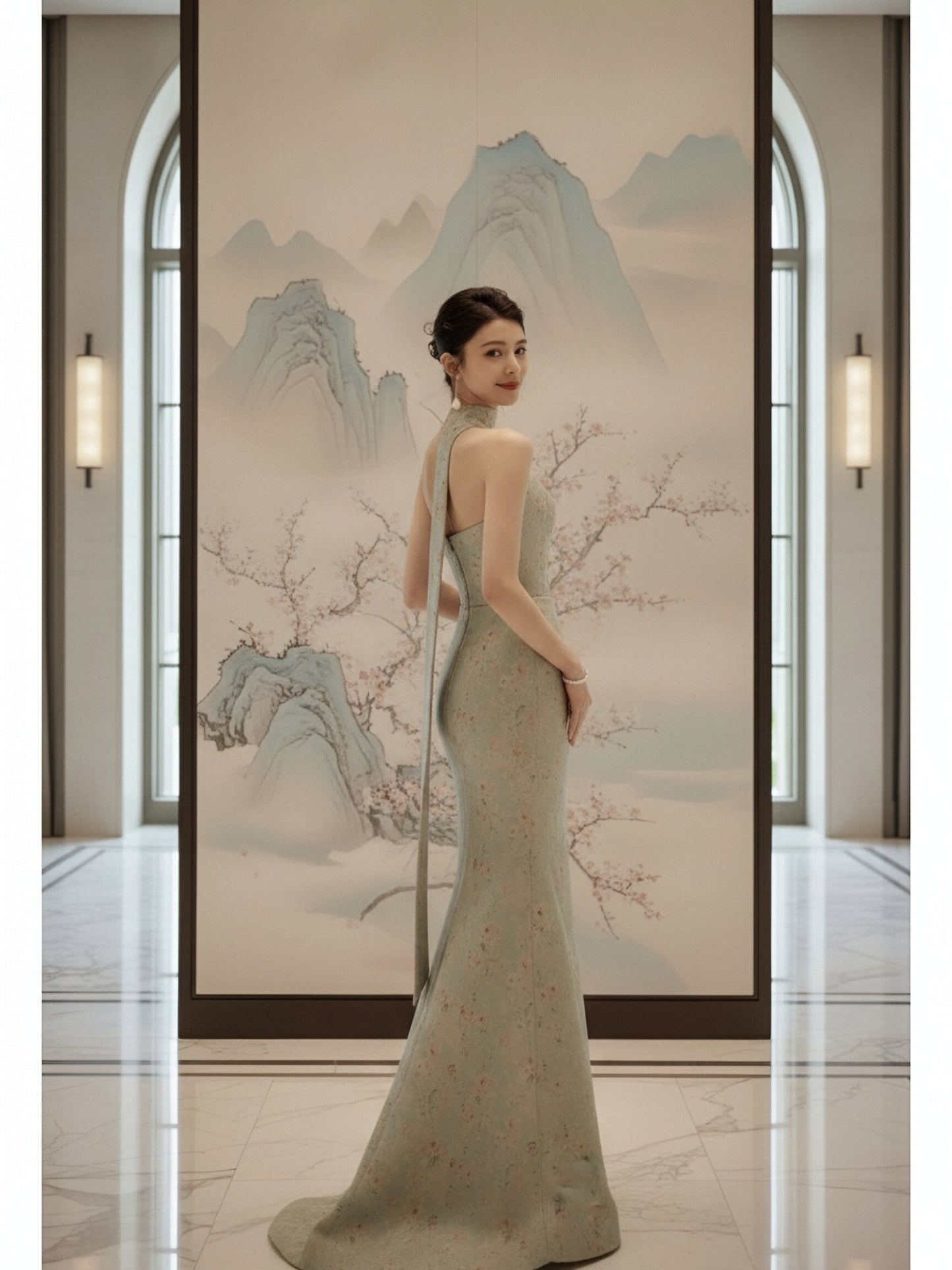 Floral Brocade Choker Neck Stage Cheongsam