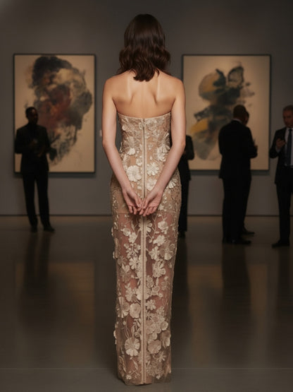 French Luxury 3D Floral Strapless Gown