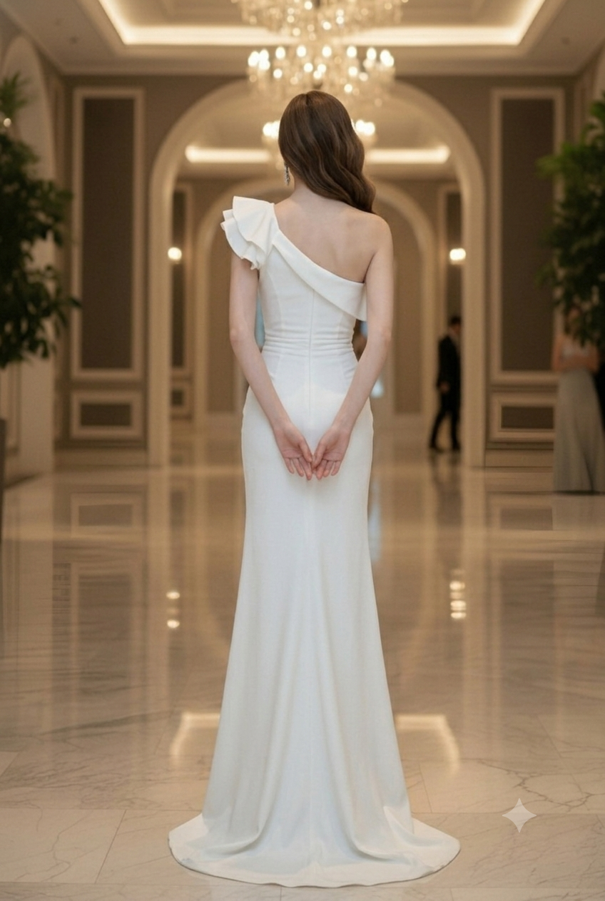One-Shoulder Ruffle High Slit White Gown