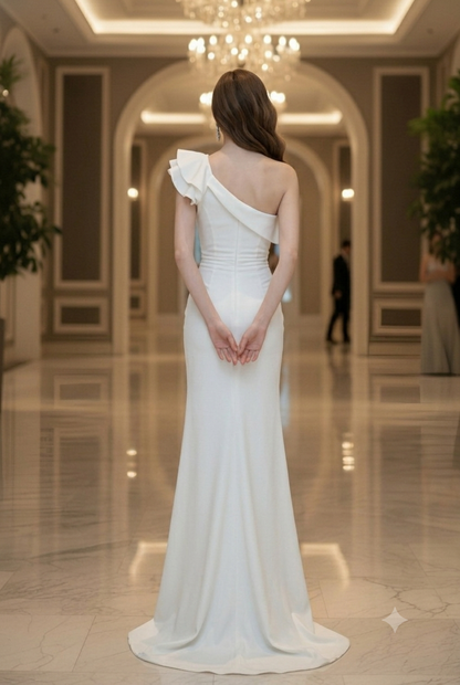 One-Shoulder Ruffle High Slit White Gown