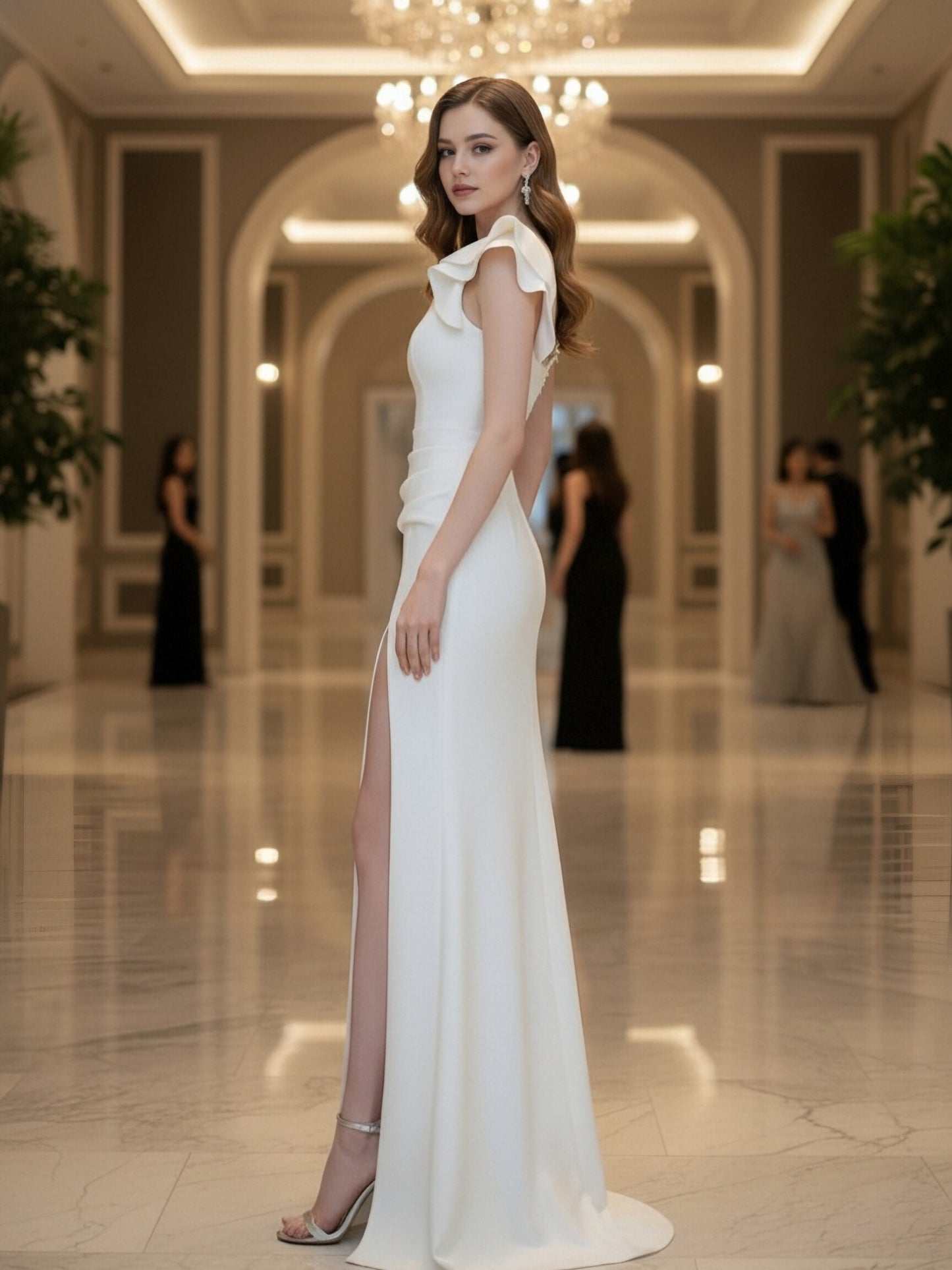 One-Shoulder Ruffle High Slit White Gown