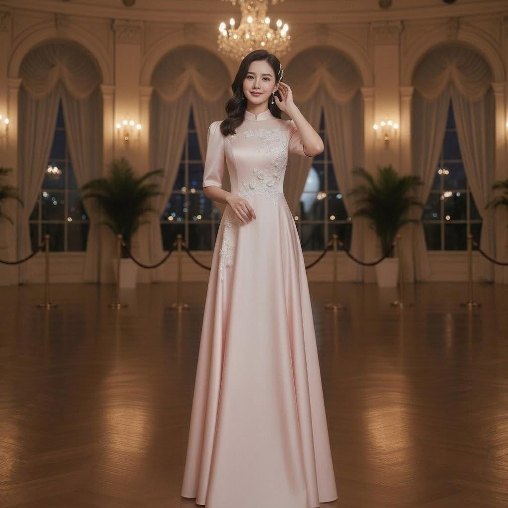 Lace Applique Mandarin Collar Pink Stage Gown
