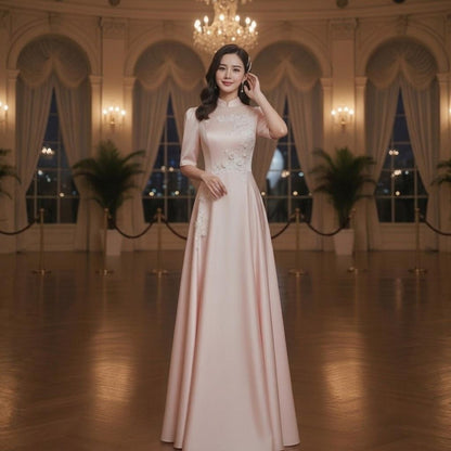 Lace Applique Mandarin Collar Pink Stage Gown