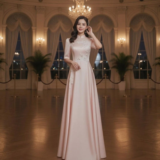 Lace Applique Mandarin Collar Pink Stage Gown