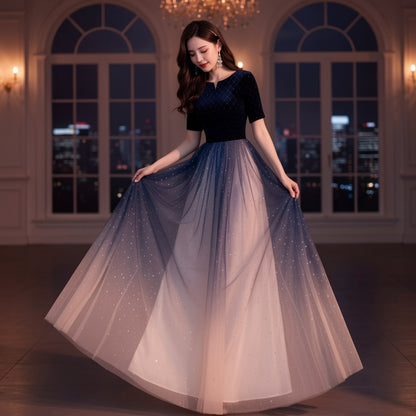 Velvet Top Gradient Tulle Prom Stage Gown