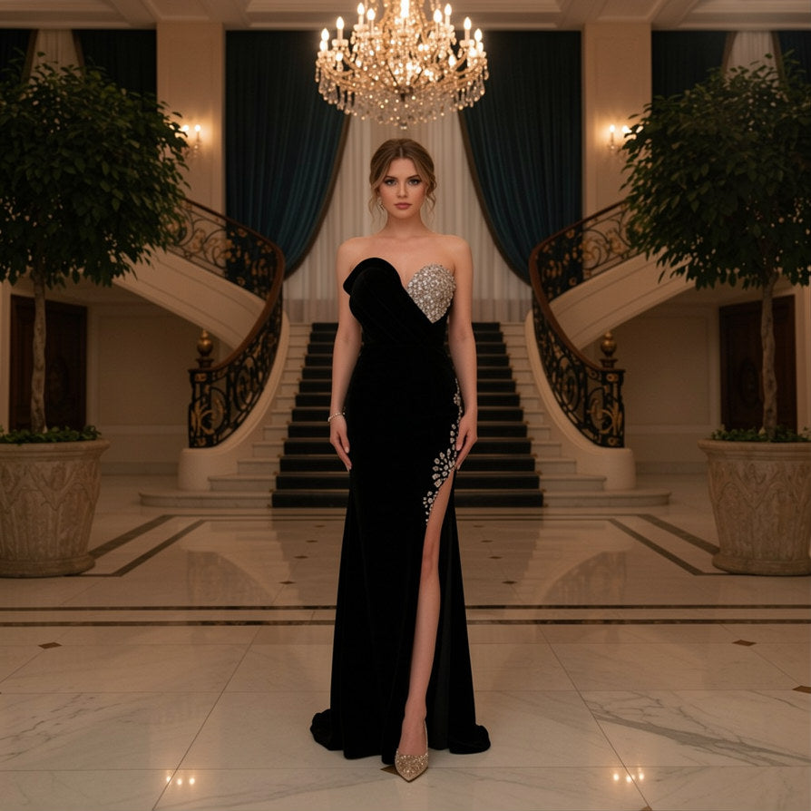 Elegant Black Evening Gown with exquisite beading