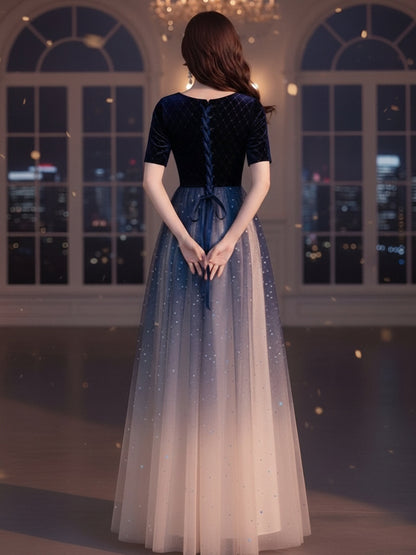 Velvet Top Gradient Tulle Prom Stage Gown