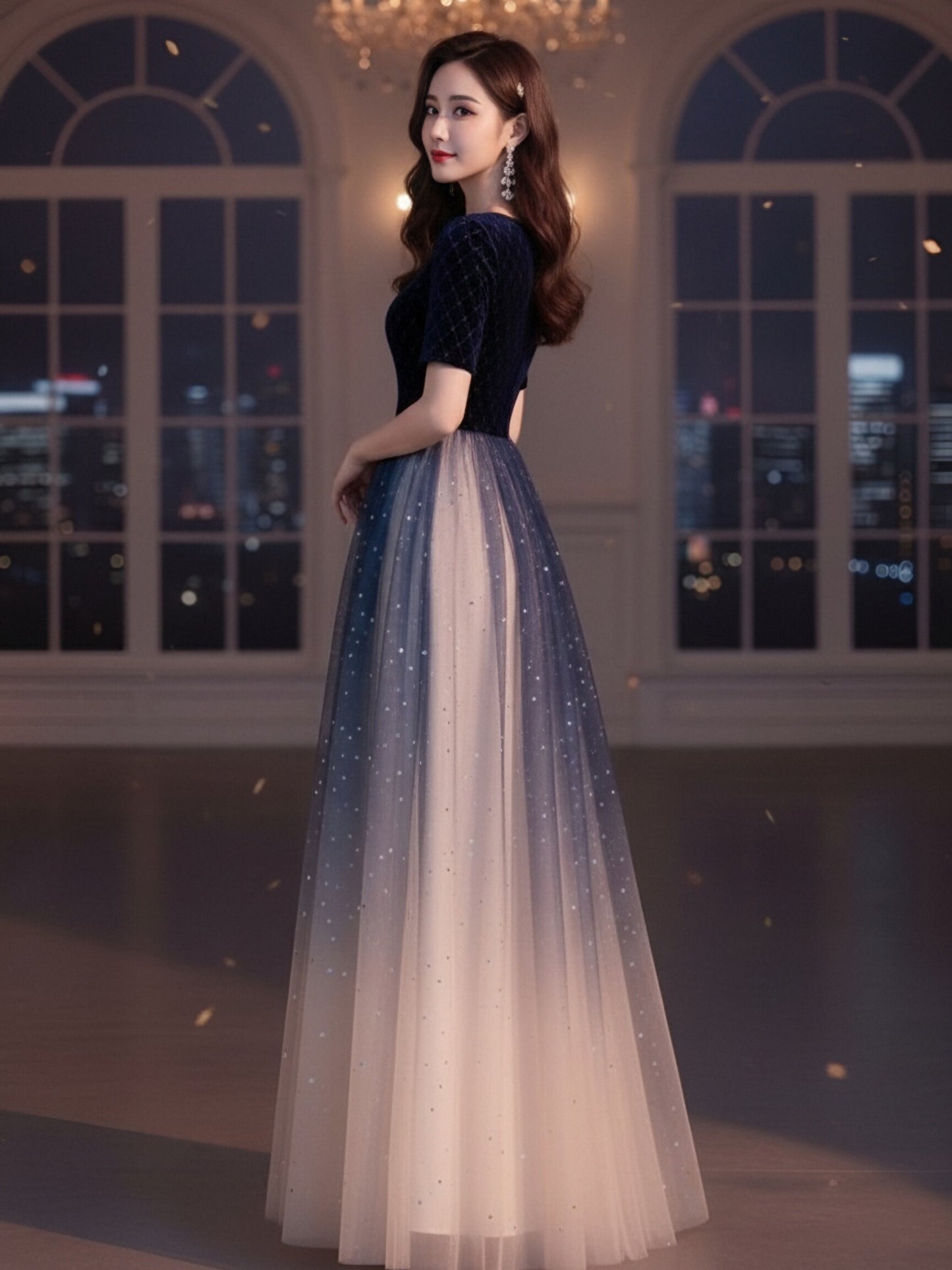 Velvet Top Gradient Tulle Prom Stage Gown