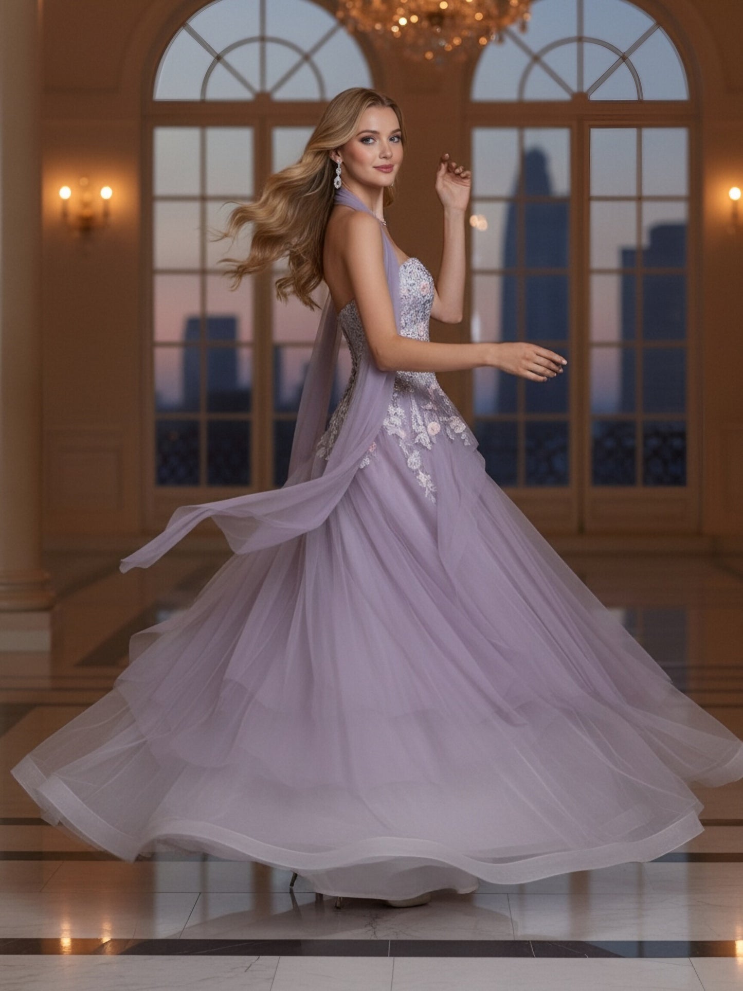 Featured Floral Embroidered Sash Lavender Gown