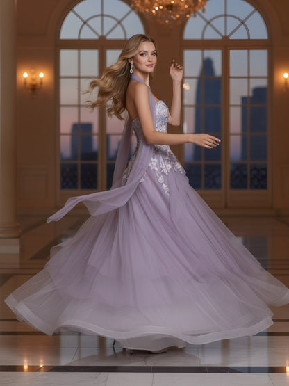 Featured Floral Embroidered Sash Lavender Gown