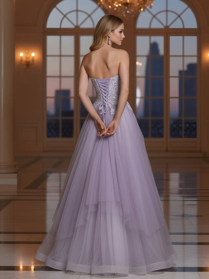 Featured Floral Embroidered Sash Lavender Gown