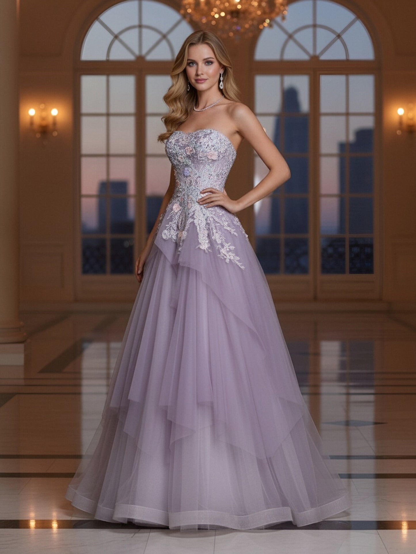 Featured Floral Embroidered Sash Lavender Gown