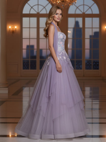Featured Floral Embroidered Sash Lavender Gown