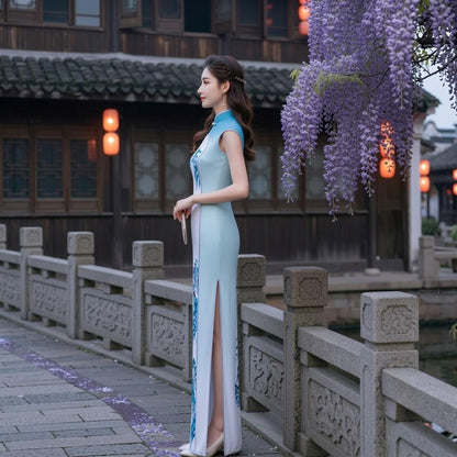 Landscape Print Ombre Mandarin Cheongsam