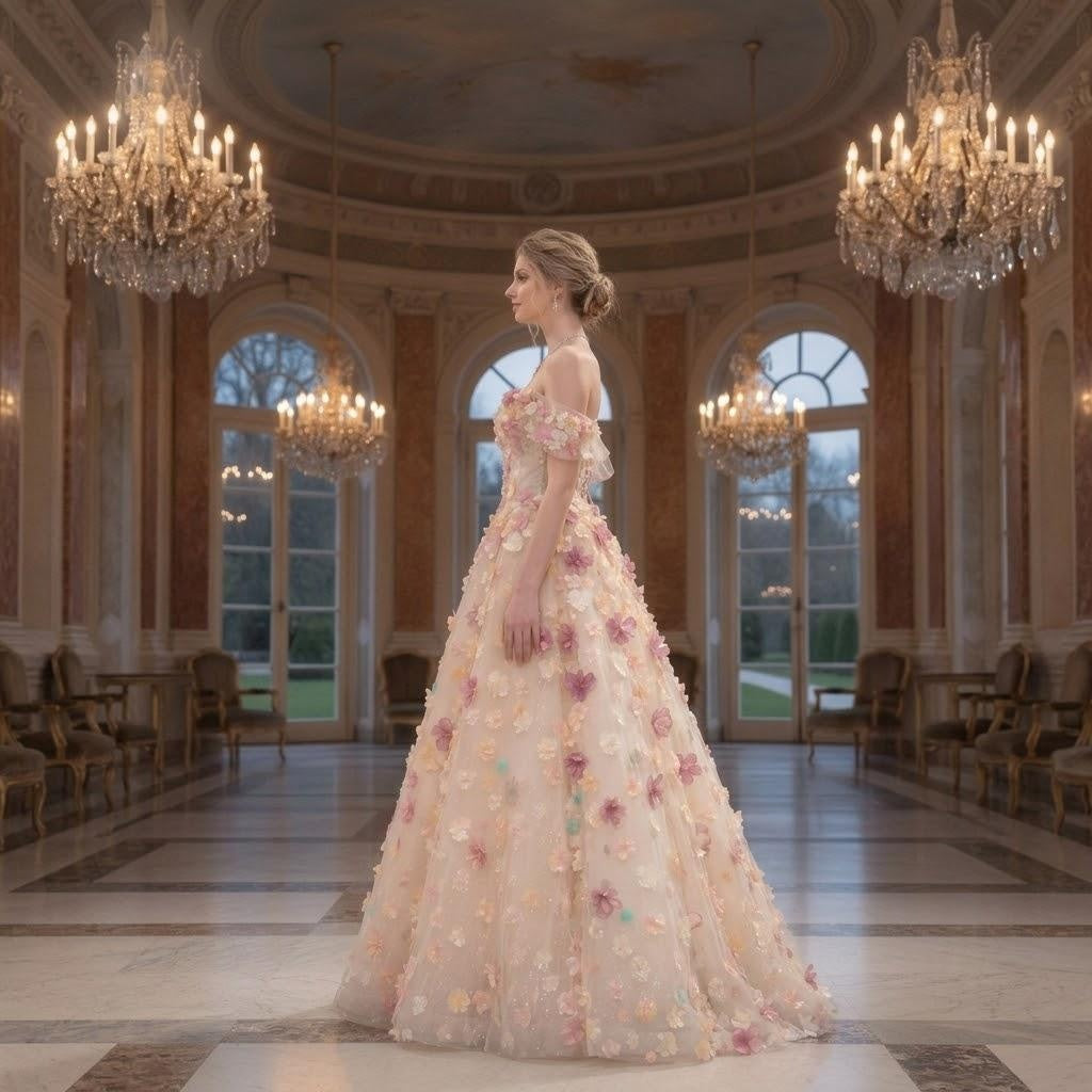 Featured 3D Floral Applique Off-Shoulder Gown