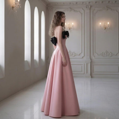 Premium Satin Strapless Prom dress with black bows