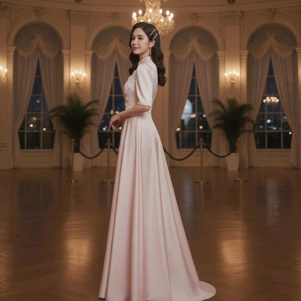 Lace Applique Mandarin Collar Pink Stage Gown