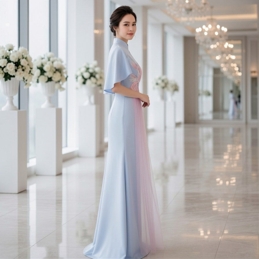 Celestial Mesh Draped Mandarin Stage Dress
