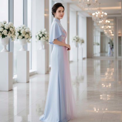 Celestial Mesh Draped Mandarin Stage Dress