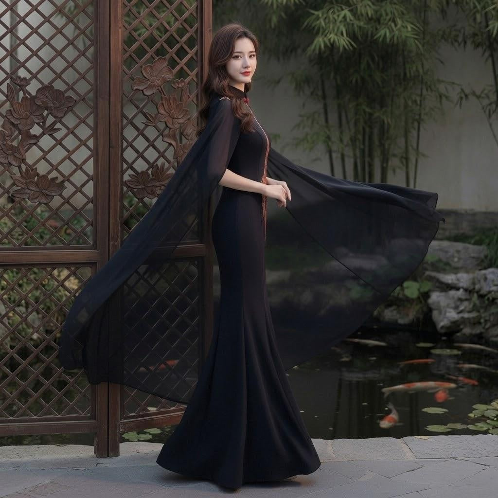 Phoenix Embroidered Cape Black Stage Gown