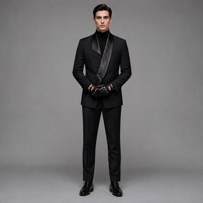 Minimalist Black Tuxedo Blazer with Subtle Satin Shawl Lapel and Elegant Floral Embroidery