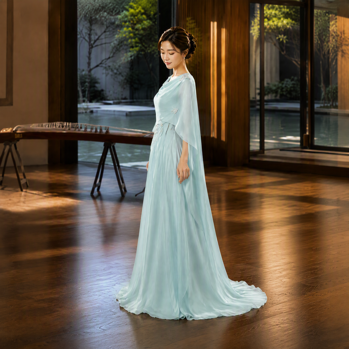 New Chinese-Style Performance Gown with floral embroidery