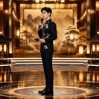 Black Mandarin Collar Suit Jacket with Grand Golden Rose Floral Overlay