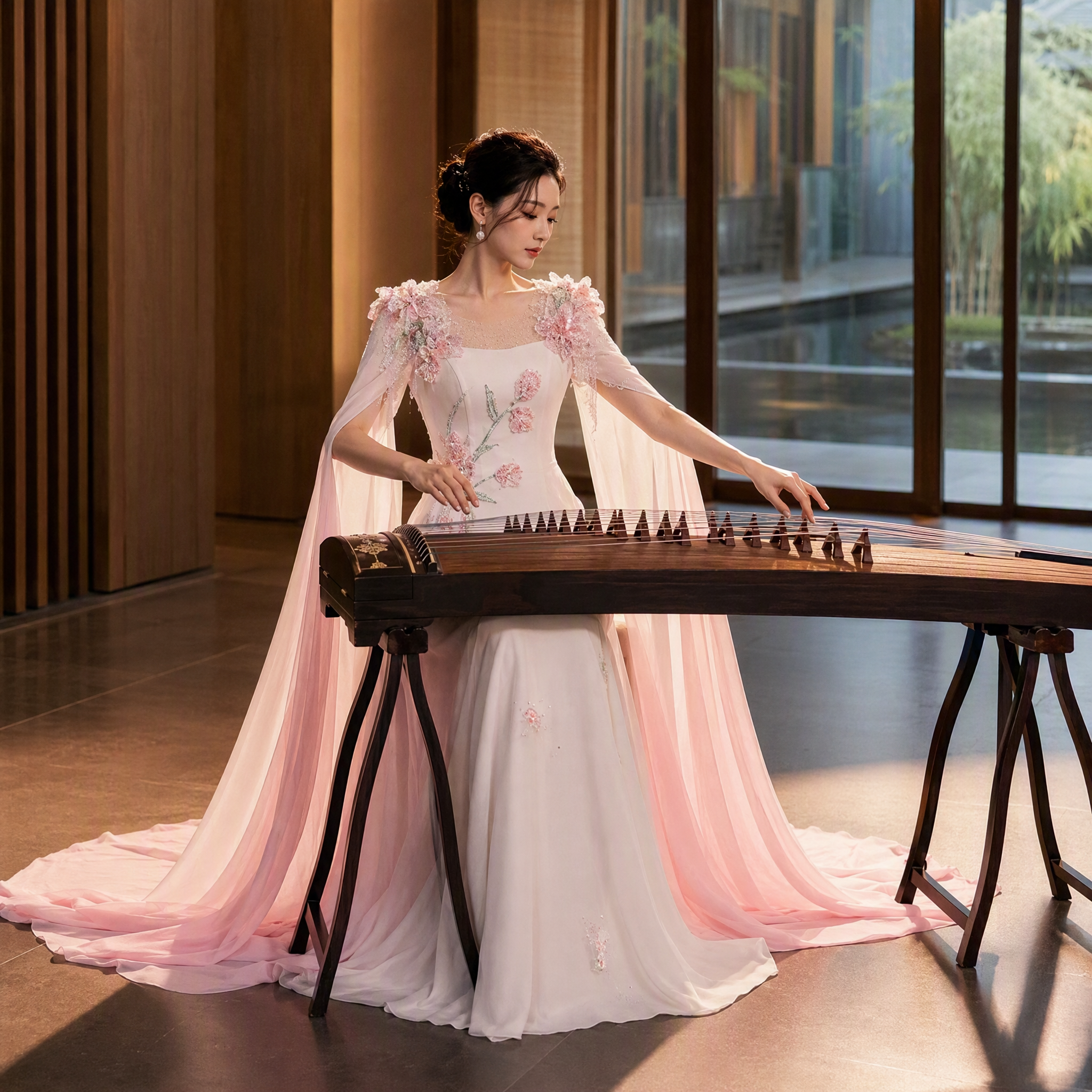 Ethereal Ivory and Pink Floral Appliqué Gown with Flowing Cape Sleeves