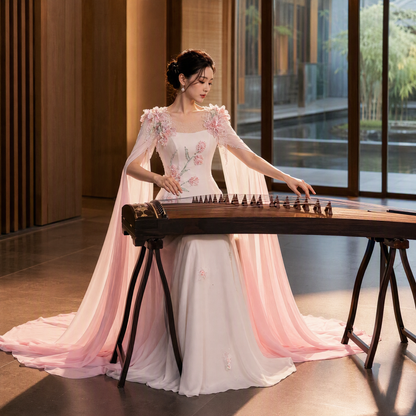 Ethereal Ivory and Pink Floral Appliqué Gown with Flowing Cape Sleeves