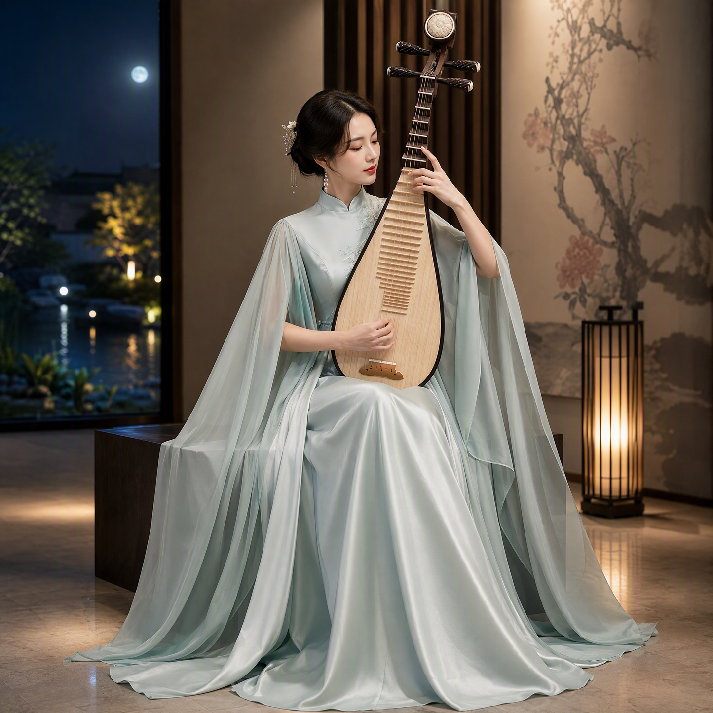 Sage Green Mandarin Collar Beaded Embroidered Long Evening Gown with Cape