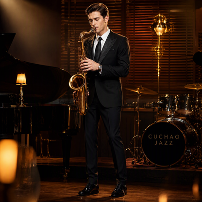 Black Tuxedo Blazer with Intricate Wave-Patterned Lapel