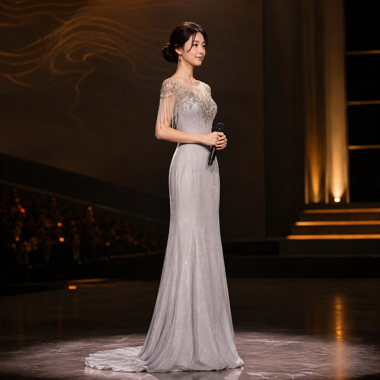 Silver Sparkle Mermaid Long Evening Gown with Beaded Fringe Sleeves