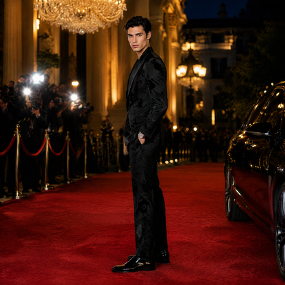 Avant-Garde Black Floral Jacquard Tuxedo Blazer with Satin Peak Lapel