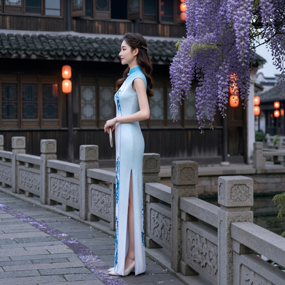 Landscape Print Ombre Mandarin Cheongsam