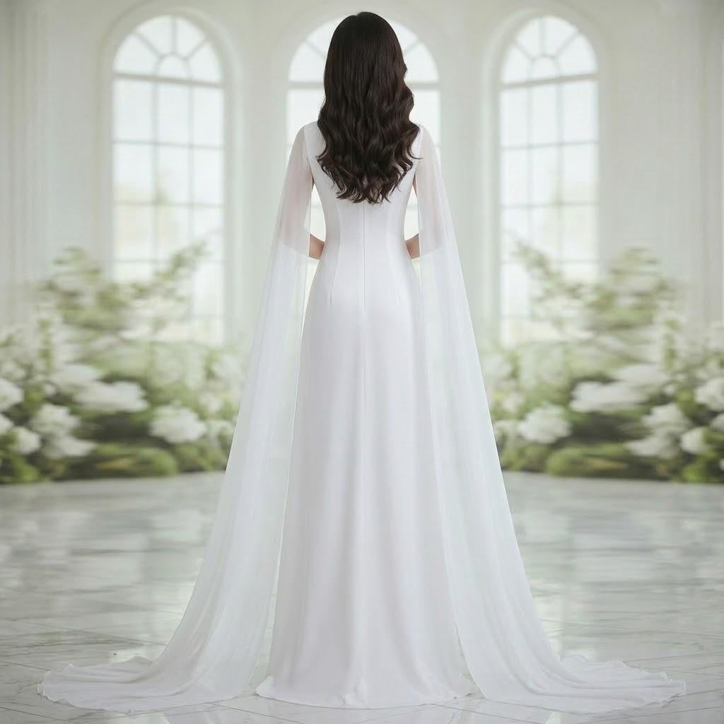 Flowing Cape Blue Floral White Stage Dress